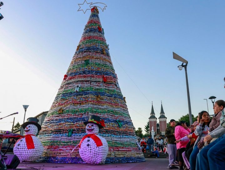 Panguipulli encendió árbol navideño hecho con latas recicladas