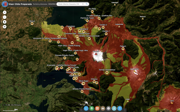 Mapa de amenaza volcánica incluido en la guía, que permite comprender zonas de riesgo y apoyar la preparación comunitaria frente a posibles erupciones. Créditos: U. de Chile